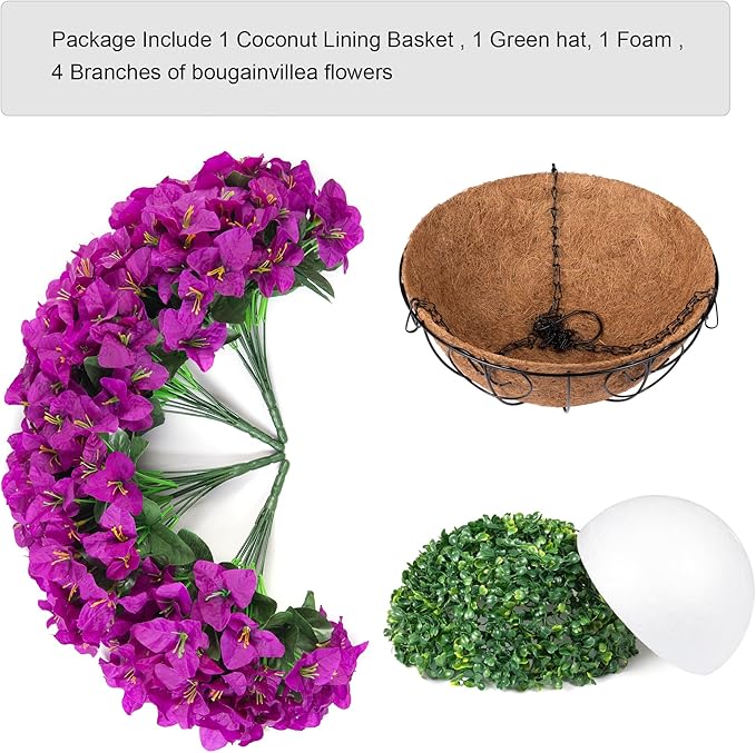 Artificial Fake Hanging Flowers Plants Basket for Outdoors Decoration, Faux Silk Bougainvillea Flowers in Planter Look Real UV Resistant Faux Flower for Outside Porch Patio Garden Home Decor, Purple