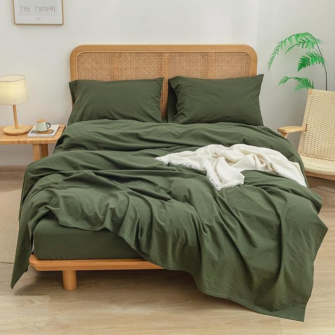 BESTOUCH Sheet Set 100% Washed Cotton Linen Feel Super Soft Comfortable Chic Lightweight 3 Pcs Home Bedding Set Solid Olive Green Twin
