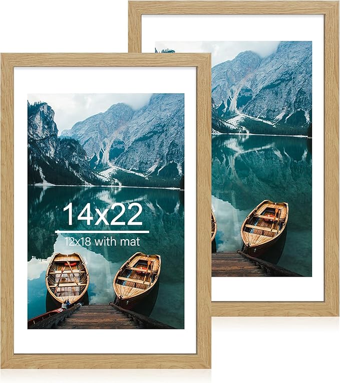 14x22 Picture Frame Set of 2, Natural Oak Wood Style - Display 14 x 22 Picture without Mat or 12x18 Picture with Mat, Wall Mounting Horizontal and Vertical