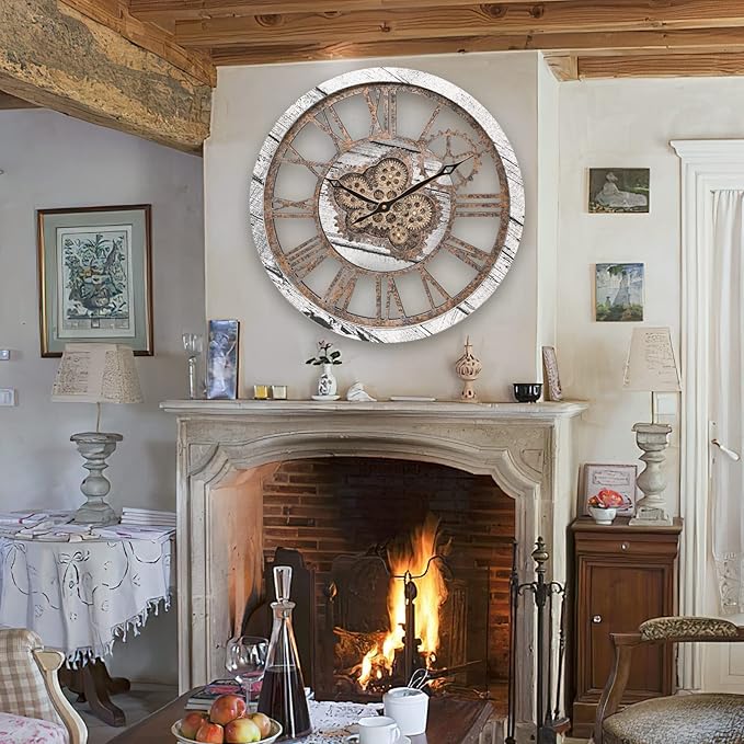Large 20 Inch Farmhouse Vintage Rustic Moving Gears Oversized Roman Wall Clock for Living Room, Bedroom, Kitchen, Office Decor