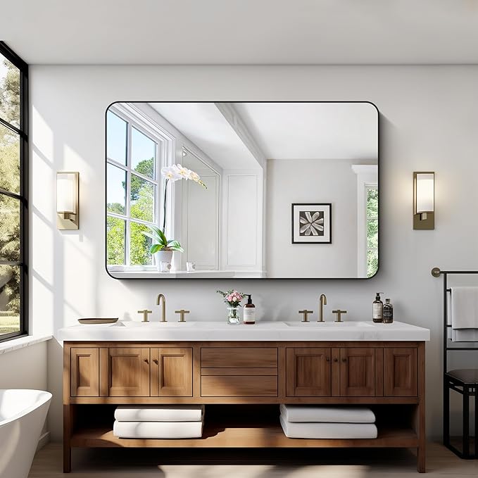Bathroom Mirror, 55x36 inch Black Rectangle Wall Mirror, Metal Frame Rounded Corner Vanity Mirror, Large Wall Mounted Mirrors for Over Sink Bedroom Living Room Horizontal Or Vertical Mounting