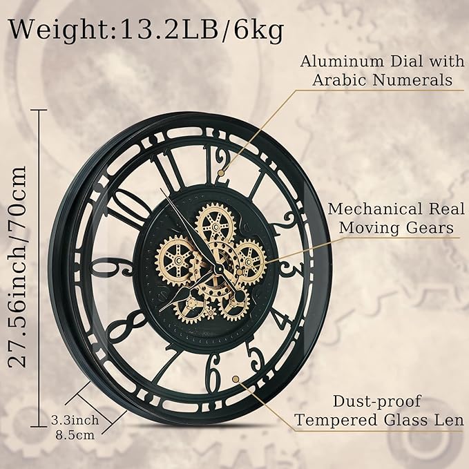 DORBOKER 30 Inch Real Moving Gears Wall Clock Large Modern Metal Clocks for Living Room Decor, Industrial Steampunk Unique Vintage Rustic Decorative Clock for Home Farmhouse Office,Black Gold Arabic