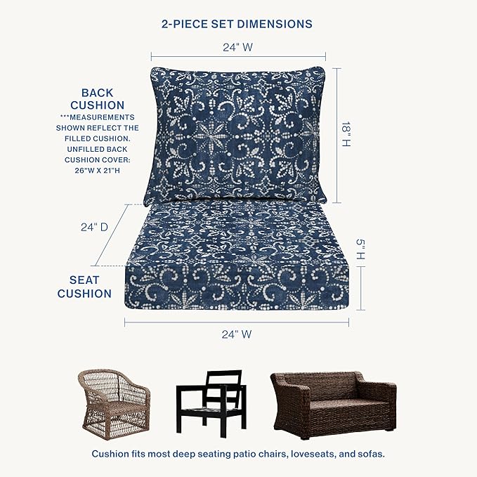 Honeycomb Outdoor Essentials Deep Seat, 24 x 24, Boheme Chair Cushion for Patio Furniture