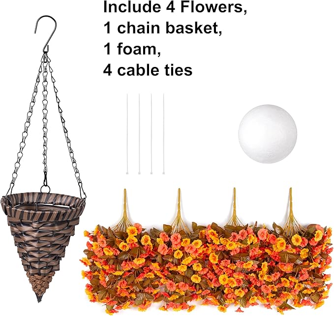 Artificial Fall Hanging Flowers Plants with Baskets for Outdoor Decoration,Fake Faux Silk Morning Glroy Flowers Arrangement Planter for Home Indoor Outside Porch Patio Decor