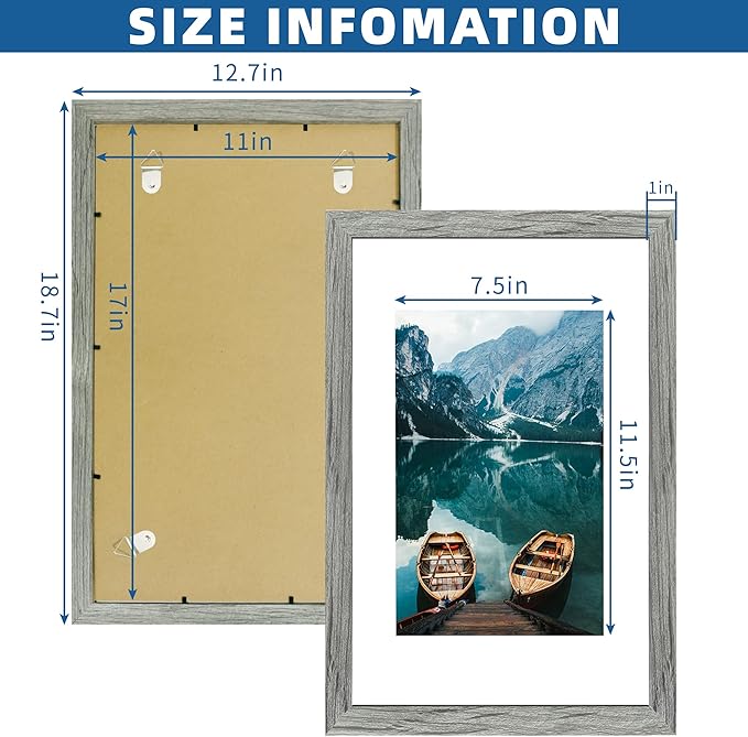 11x17 Frame Set of 2, Rustic Grey Wood Style - Display 11 x 17 Poster without Mat or 8x12 Picture with Mat, Wall Mounting Horizontal and Vertical