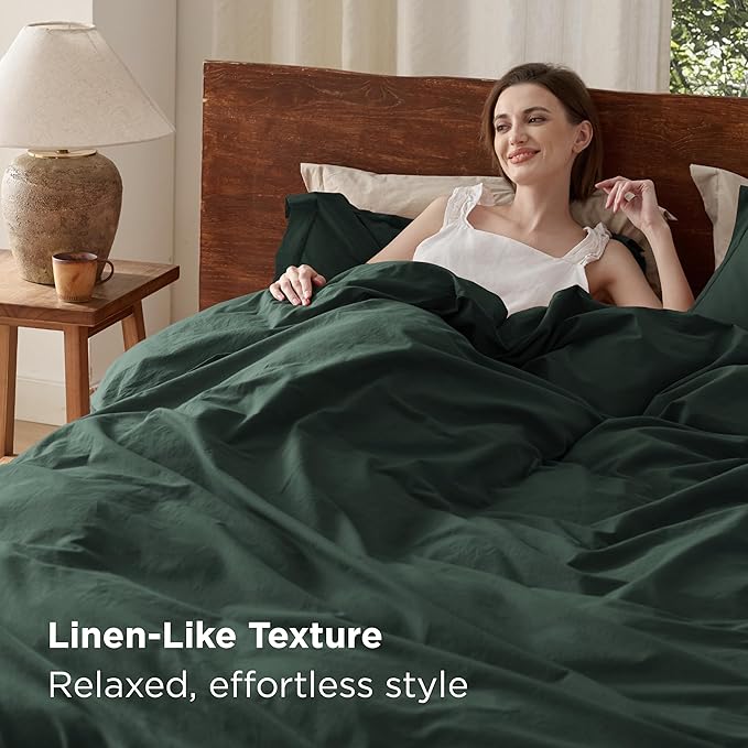 Bedsure 100% Washed Cotton Duvet Cover King Size - Forest Green Minimalist Cotton Duvet Cover Linen Like for All Seasons - GentleSoft™ Plain Simple Bedding, 3 Pieces (Forest Green, King, 104"x90")
