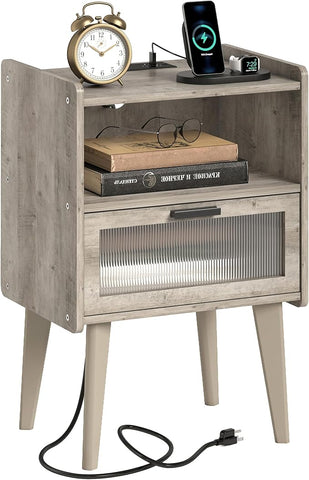Nightstand with Charging Station, Bedside Tables Oak Grey End Table Side Table with 2 Tiers Storage Space, for Bedroom Living Room MLBZ07GE
