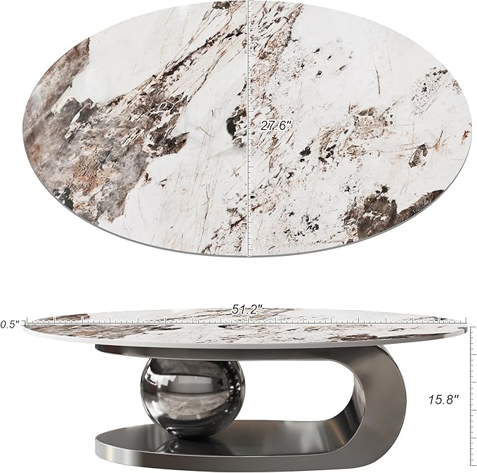 Modern Oval Marble Coffee Table, 51.2" Rectangle Coffee Table with Sintered Stone Top & Gray Geometric Stainless Steel Base, Rectangle Tea Center Tables for Living Room
