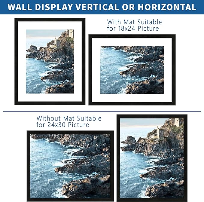 24x30 Frame Set of 2, Rustic Black Wood Style - Display 18x24 Picture Frame with Mat or 24 x 30 Poster without Mat, Wall Mounting Horizontal and Vertical