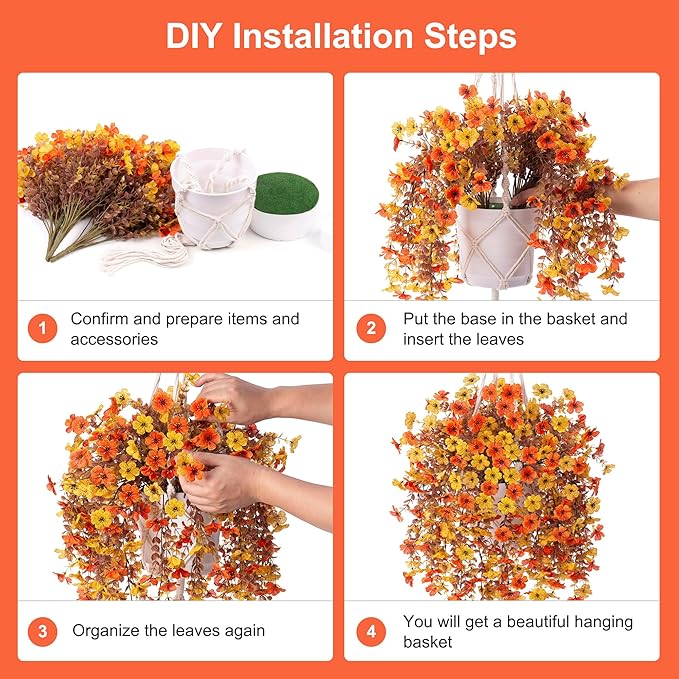 Artificial Fake Hanging Flowers Plants with Hanging Pot for Fall Outdoor Decor, Faux Silk Daisy Flowers in Planter Boxwood No Fade Fake Mums for Farmhouse Home Garden Autumn Plants(Yellow Orange)