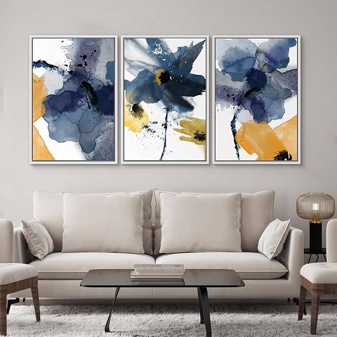 SIGNWIN Framed Canvas Wall Art Blue and Orange Blossoms Botanical Flower Watercolor Modern Art Tropical Relax/Calm for Living Room, Bedroom, Office - 24"x36"x3 White