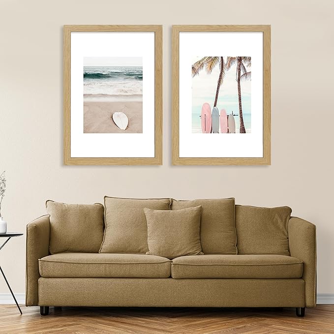 12x16 Picture Frame Set of 2, Natural Oak Wood Style - Display 12 x 16 Poster without Mat or 11x14 Picture with Mat, Wall Mounting Horizontal and Vertical