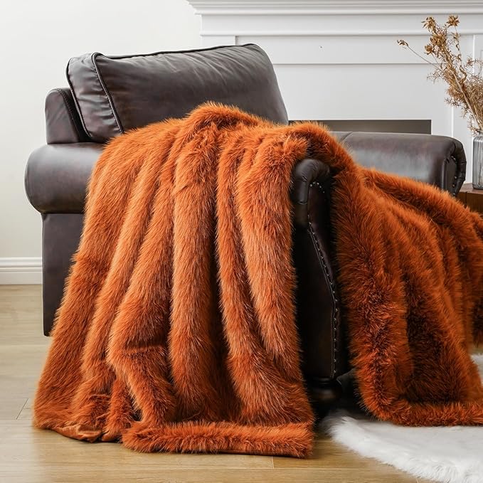 BATTILO HOME Luxury Fall Faux Fur Throw Blanket, Orange Faux Fur Blanket for Couch, Home Decor, Fall Decor, Soft Fluffy Fur Throws with Long Pile, 50"x60"
