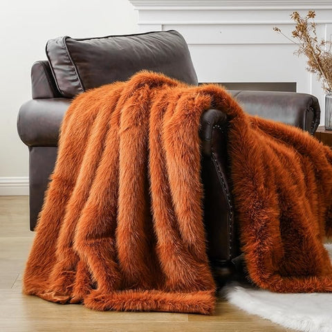 BATTILO HOME Luxury Fall Faux Fur Throw Blanket, Orange Faux Fur Blanket for Couch, Home Decor, Fall Decor, Soft Fluffy Fur Throws with Long Pile, 50"x60"