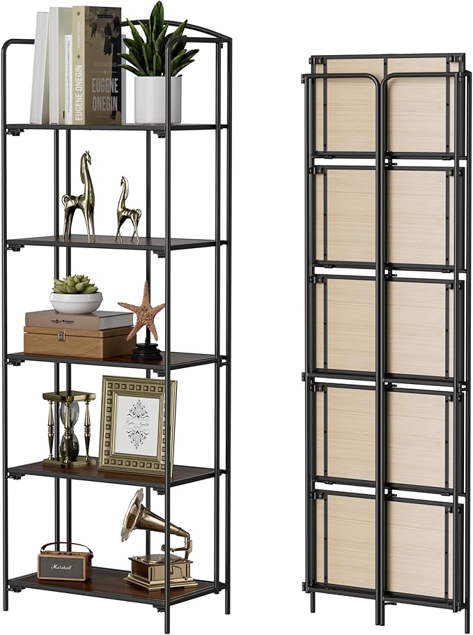 Crofy No Assembly Folding Bookshelf for Living Room, 5 Tier Black Collapsible Book Shelf for Home Office, Portable Bookcase Storage Organizer