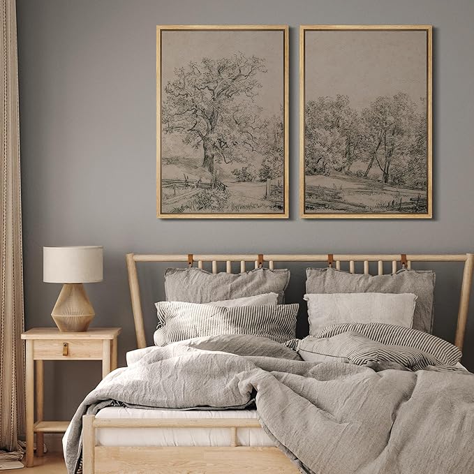 MUDECOR Framed Canvas Print Wall Art Ancient Tree and Country Road Sketch Classic Landscape Pencil Nature Wilderness Illustrations Decorative for Living Room, Bedroom, Office - 24"x36"x2 Natural