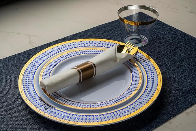 MONEST 350Pcs Blue and Gold Plastic Silverware Set for 50 Guests, Disposable Dinnerware Set includes: 50 Pre Rolled Napkins with Utensils, 50 Dinner Plates, 50 Dessert Plates, 50 Cups (Royal Sapphire)