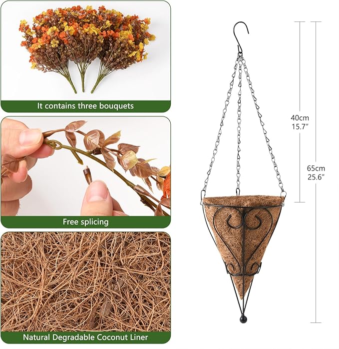 Artificial Fsll Faux Hanging Flowers Plants Basket for Outdoor Decoration,Fake Silk Orange Mums planters UV Resistant Look Real for Home Porch Patio Yard Outside Autumn Decor (Yellow Orange)