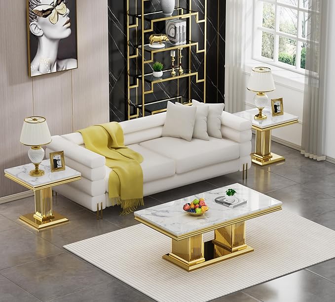 SSLine Rectangular Faux Marble Coffee Table for Living Room Modern Luxury White Marble Center Table with Gold Pedestal Base 46.8" Mid-Century Cocktail Table with Mirrored Stainless Steel Frame