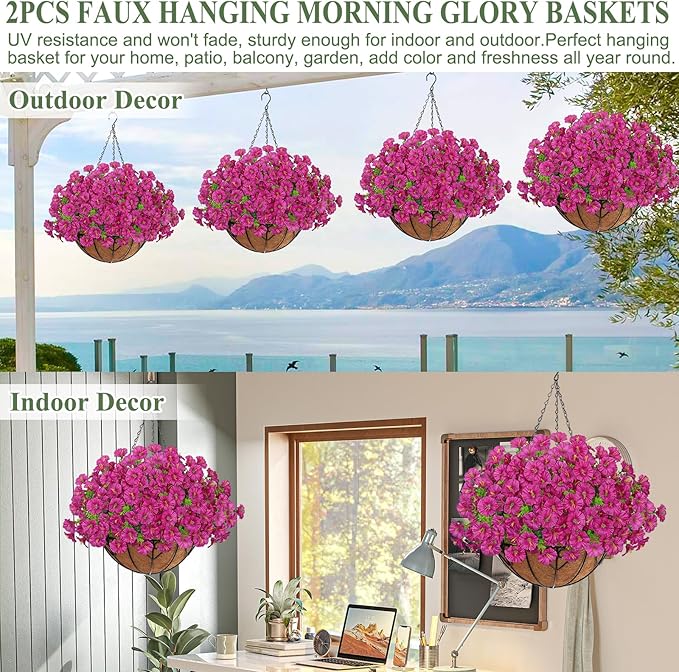 KHOYIME Artificial Hanging Flowers Plants Basket for Outdoors Indoor, 2 Set Faux Silk Fuchsia Morning Glory Fake Eucalyptus Planters UV Resistant Spring Summer Decorations for Home Garden Porch Patio