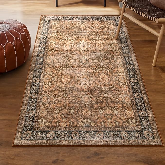 Morebes Vintage Machine Washable Area Rugs, Boho 3x5 Rug for Entryway, Soft Low-Pile Distressed Dorm Rug Indoor Floral Print Throw Carpet for Bedside Kitchen Foyer Playroom, Dark Brown