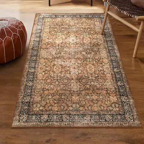 Morebes Vintage Machine Washable Area Rugs, Boho 3x5 Rug for Entryway, Soft Low-Pile Distressed Dorm Rug Indoor Floral Print Throw Carpet for Bedside Kitchen Foyer Playroom, Dark Brown