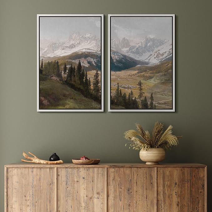 MUDECOR Framed Canvas Print Wall Art Alpine Meadow and Mountain Range Rustic Cabin Nature Nature Wilderness Illustrations Realism Decorative Scenic for Living Room, Bedroom, Office - 16"x24"x2 White