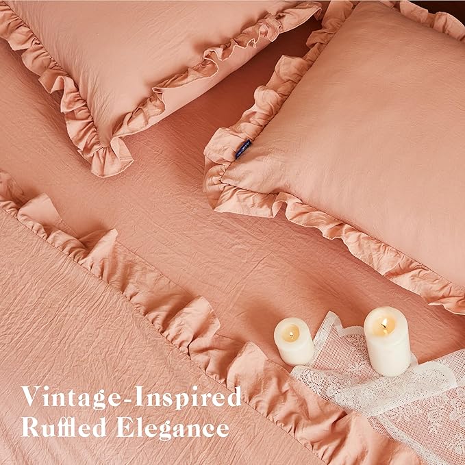 MR&HM King Comforter Set 7 Pieces, Soft Ruffled Bedding Set Coral Pink, Farmhouse Shabby Chic Bed in a Bag with 1 Comforter, 1 Flat Sheet, 1 Fitted Sheet, 2 Pillowcases & 2 Pillow Shams