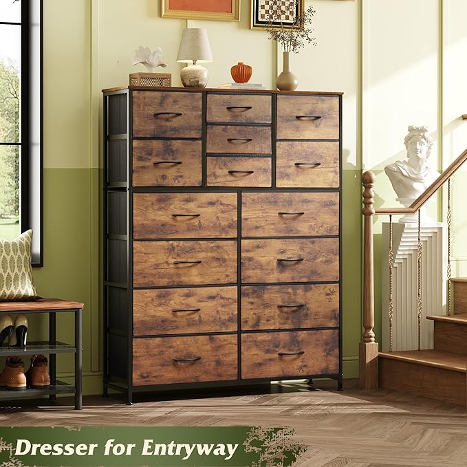 WLIVE Tall Console Table with 15 Fabric Drawers, Entryway Table with Storage, Tall Storage Organizer with Wood Top, Steel Frame for Living Room, Hallway, Office, Rustic Brown
