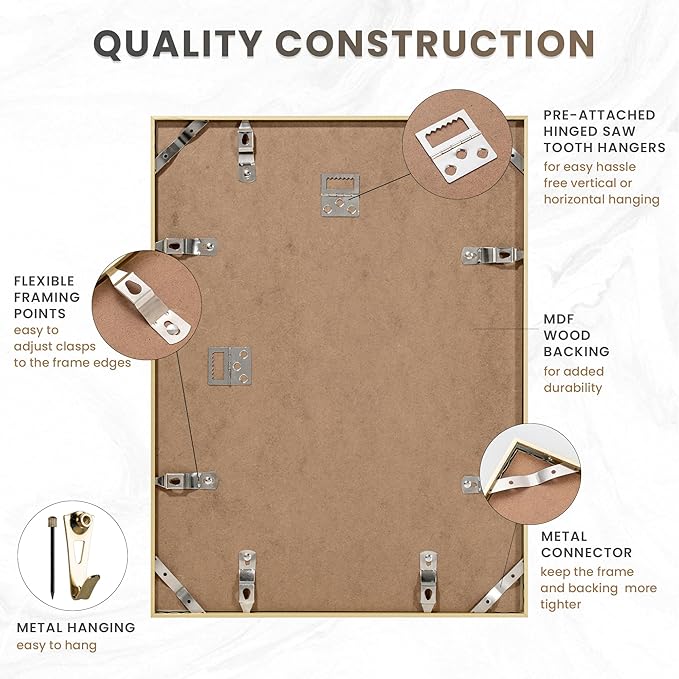 12x16 Picture Frame Gold, Aluminum Picture Frames 12"x16", 12x16 Picture Frame with Mat for 8.5x11, 12 by 16 Frame Real Glass, 12 x 16 Metal Frame for Home Decor