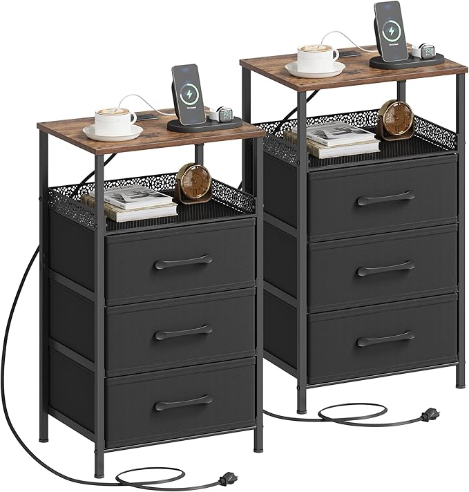Night Stand Set 2 with Charging Station, Nightstands with 3 Fabric Drawers, End Table with Outlets and USB Ports, Side Table with Open Storage Shelf, Bedside Tables for Bedroom, Rustic Brown