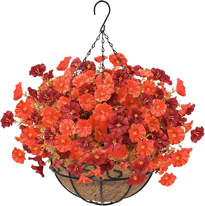 Artificial Hanging Flowers Plants Basket for Outdoors Fall Decorations, 12 Pcs UV Resistant Faux Morning Glory Fake Petunias with Hanging Planter for Home Porch Balcony Decor (Orange Red)
