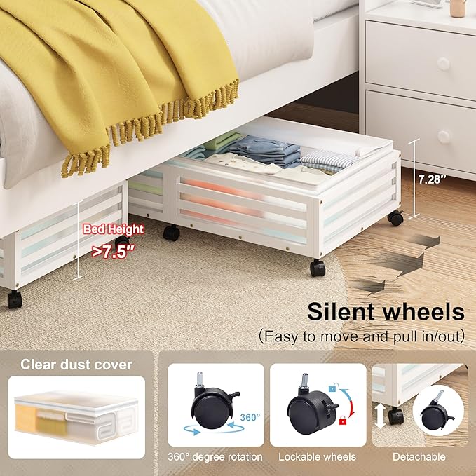 Under Bed Storage Containers With Wheels - 2 Pcs Large Bamboo Wood Rolling Underbed Shoe Storage Bins With Dust Bags for Clothes Blankets, Duvet Covers Snacks Toys (White)