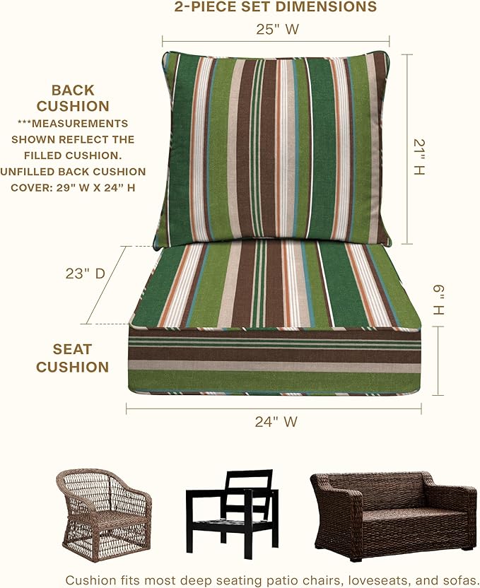 Honeycomb Outdoor Essentials Deep Seat, 24 x 24, Stripe Pine Green Chair Cushion for Patio Furniture