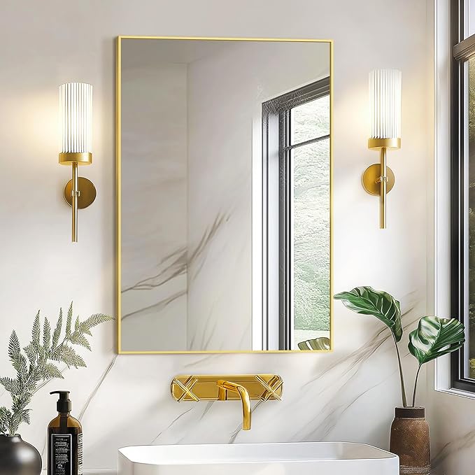 Bathroom Vanity Mirror for Wall, 20" x 30" Metal Framed Rectangular Bathroom Wall Mirror for Over Sink, HD Shatterproof Glass, Hangs Horizontally or Vertically(Gold)