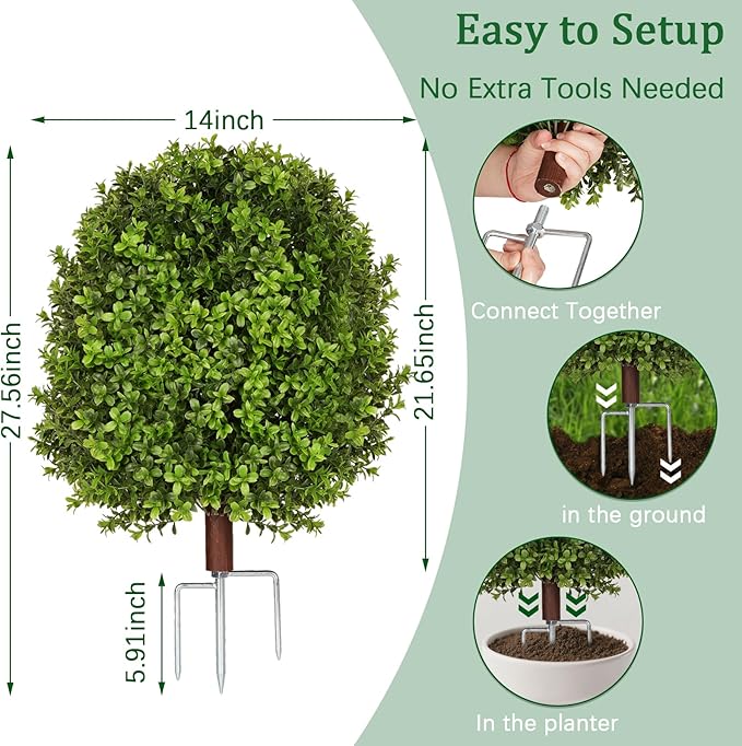 Artificial Boxwood Topiary Trees for Outdoors, 2 Pack Faux Topiary Ball Tree UV Resistant Fake Shrubs Evergreen Bush Plants for Front Porch Garden Yard Balcony Wedding Decor, 2 Led String Light