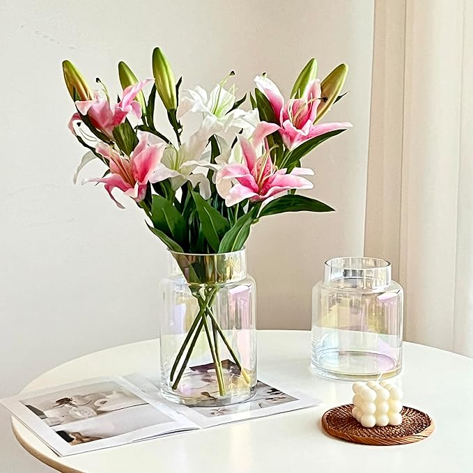 BLOFLO Iridescent Glass Vase, 9 Inch Large Glass Vase for Flowers, Modern Thick Glass Flower Vases for Centerpieces, Decorative Glass Cylinder Hydroponic Vase for Wedding, Home, Office