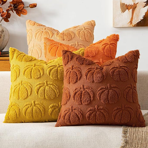 MIULEE Fall Pumpkin Pillow Covers 18x18 Inch Set of 4 - Soft Cozy Plush Decorative Pillows with Embroidered Pumpkin Pattern Autumn Halloween Holiday Decor for Sofa Couch Bed Living Room,Rust-Orange