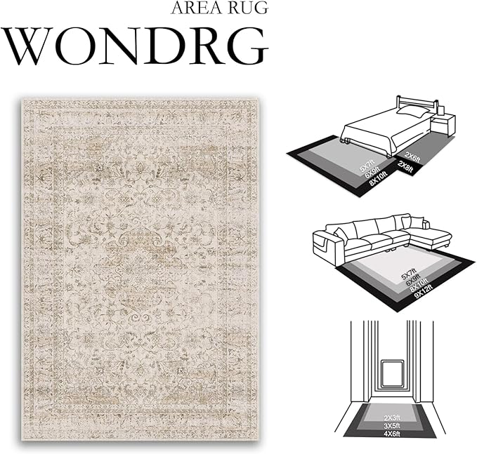10x14 Beige Vintage Area Rug for Living Room Bedroom Large Traditional Low Pile Soft Carpet Non-Slip Thin Retro Distressed Accent Washable Throw Rug for Dining Room Office Kitchen Indoor
