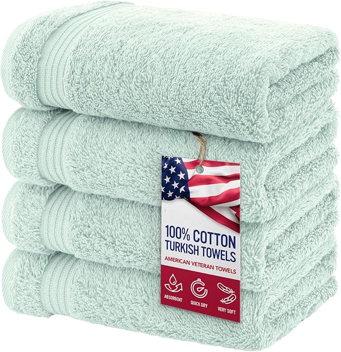 American Veteran Towel, Hand Towels for Bathroom Set of 4, 100% Cotton Turkish Hand Towel Sets Clearance Prime, Soft Hand Face Towels, Mint Green Hand Towels