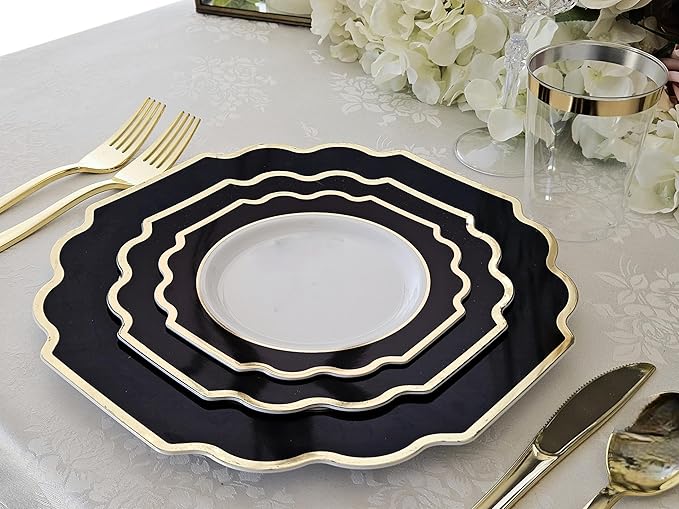 " OCCASIONS " 120 Plates Pack,(60 Guests) Heavyweight Premium Wedding Party Disposable Plastic Plates Set -60 x 10.5'' Dinner + 60 x 8'' Salad/Dessert (Imperial in Black & Gold)