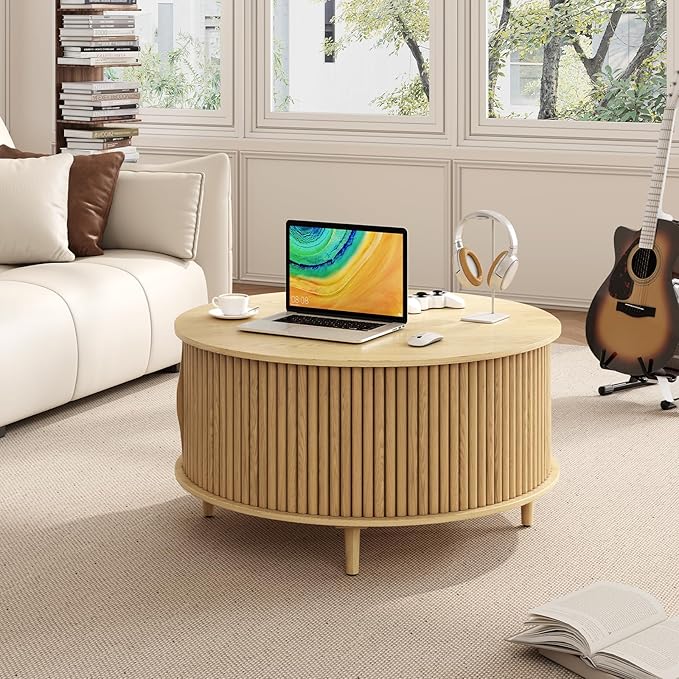 Round Coffee Table with Storage,31.5" Mid Century Modern Coffee Table with Hidden Compartment,Fluted Center Table for Living Room,Home Small Space,Oak