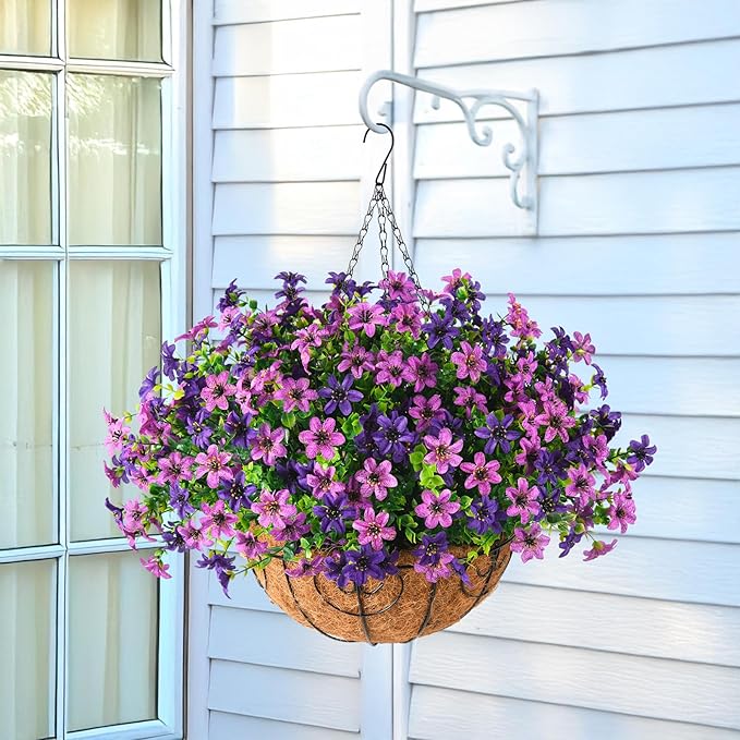 INQCMY Artificial Faux Hanging Flowers Plants Basket for Outdoor Spring Decoration,Fake Silk Colorful Daisy in Planter UV Resistant Realistic for Outside Home Porch Patio Yard Balcony Decor