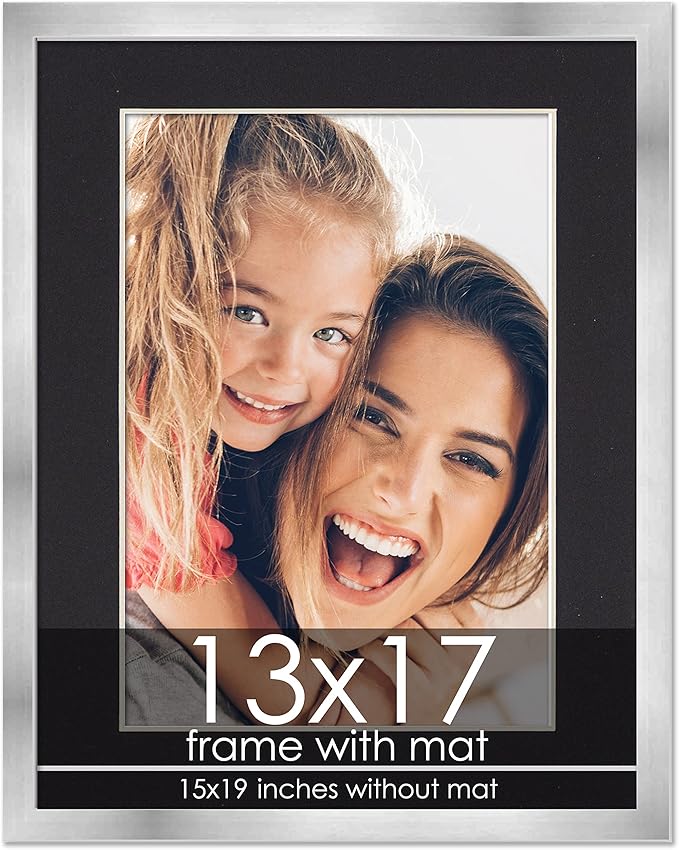 13x17 Frame with Mat - Silver 15x19 Frame Wood Made to Display Print or Poster Measuring 13 x 17 Inches with Black Photo Mat