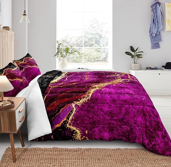 Black Gold Comforter Set Hot Pink Marble Bedding Set King Size Black Marble Stone Abstract Artwork Bedroom Decor Black Marble Comforter Sets for All Season
