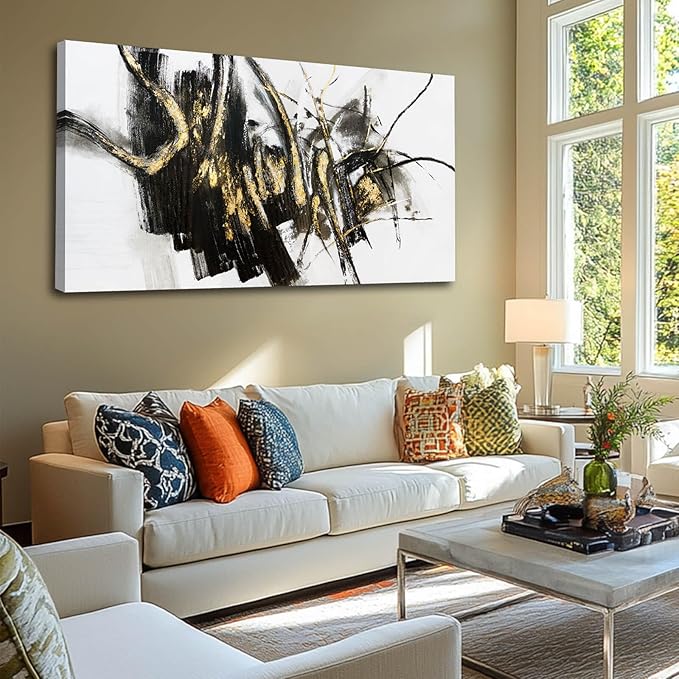 WINKAILIN Black Line Art Abstract Pictures Wall Decor for Dining Room Modern Artwork Grunge Posters for Room 29"x 58" Neutral Wall Art for Bedroom Office