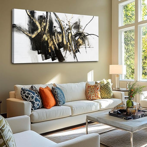 WINKAILIN Black Line Art Abstract Pictures Wall Decor for Dining Room Modern Artwork Grunge Posters for Room 29"x 58" Neutral Wall Art for Bedroom Office