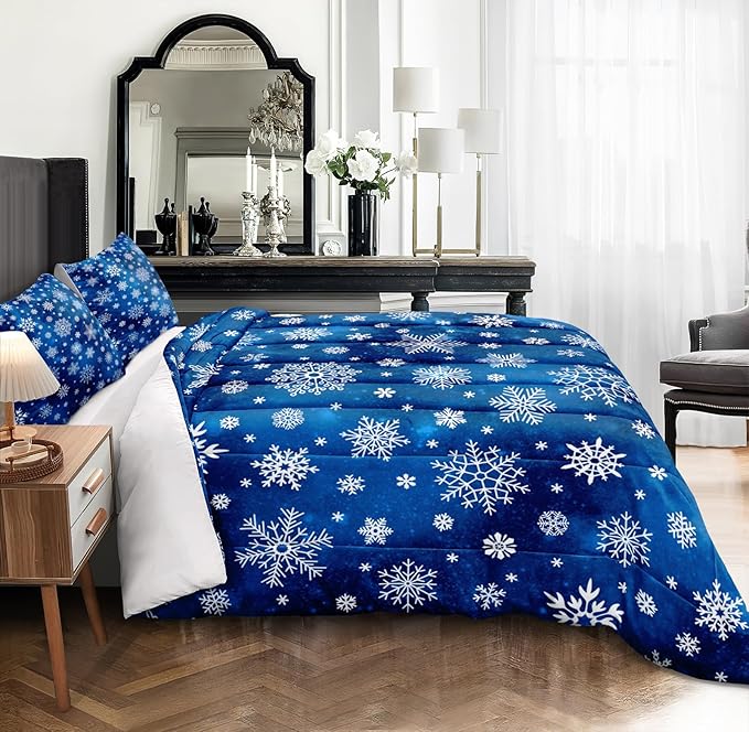 Bedorm Blue Snowflake Comforter Merry Christmas Bedding Set Xmas Holiday Theme Blue White Winter Bedding Happy New Year Quilt Comforter Set