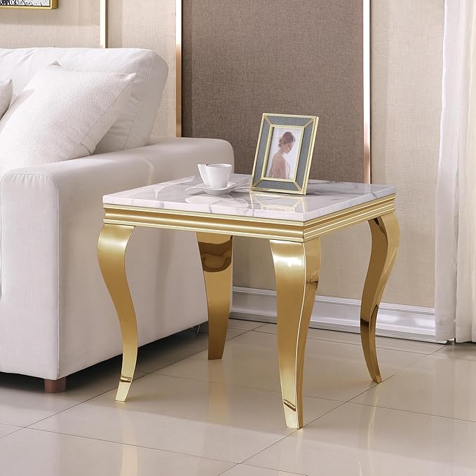 SSLine Modern White Faux Marble End Table Luxury Square Sofa Side Table with Gold Curved Legs Mid-Century Elegant Bedside Table w/Mirrored Stainless Steel Frame for Living Room Bedroom