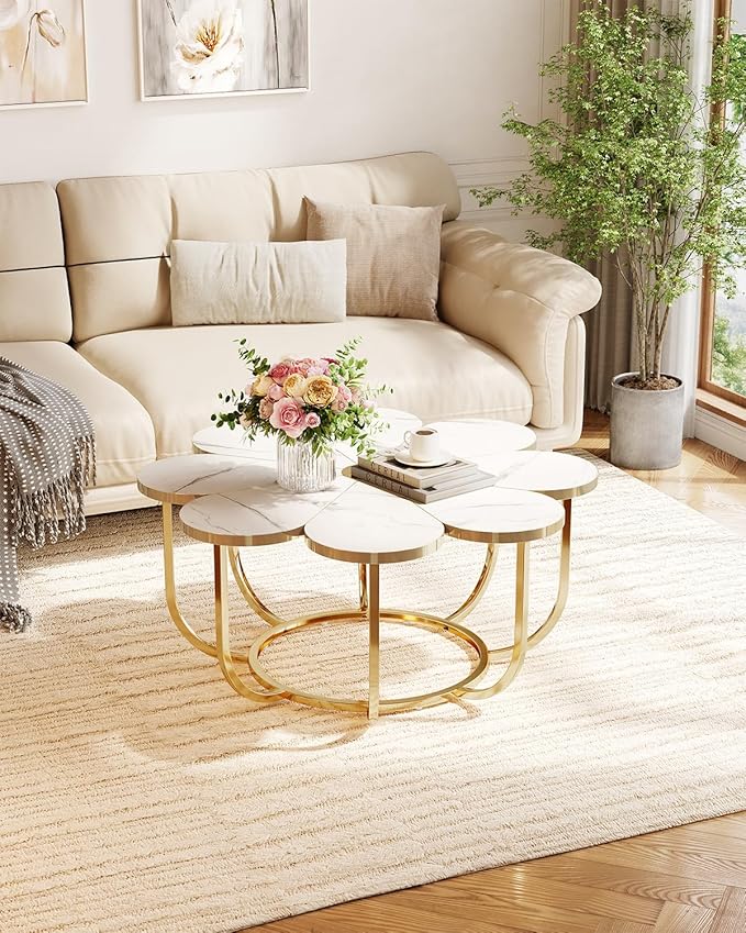 LITTLE TREE 39.37-Inch White and Gold Coffee Table, Modern Flower-Shaped Center Table with Faux Marble Top & Metal Frame, Floral Accent Coffee Table for Living Room, Bedroom, Lounge